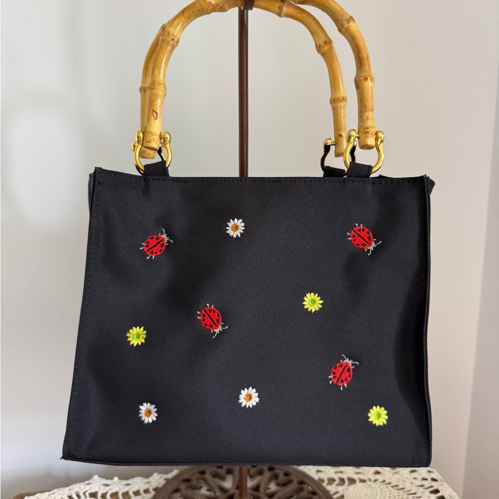 Tianni purse  handbag with embroidered ladybugs & flowers  bamboo handles